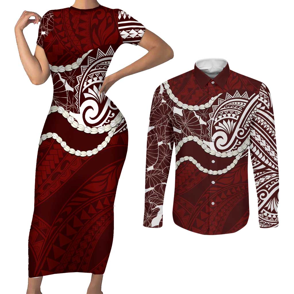 Aloha Hawaii Kalo Pikake Lei Couples Matching Short Sleeve Bodycon Dress and Long Sleeve Button Shirt Chest Tattoo Oxblood Hawaiian Pattern