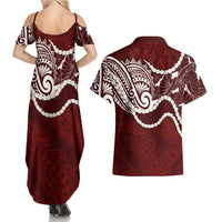 Aloha Hawaii Kalo Pikake Lei Couples Matching Summer Maxi Dress and Hawaiian Shirt Chest Tattoo Oxblood Hawaiian Pattern LT14 - Polynesian Pride