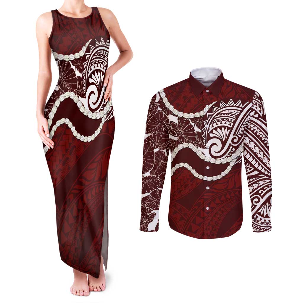 Aloha Hawaii Kalo Pikake Lei Couples Matching Tank Maxi Dress and Long Sleeve Button Shirt Chest Tattoo Oxblood Hawaiian Pattern LT14 Oxblood - Polynesian Pride
