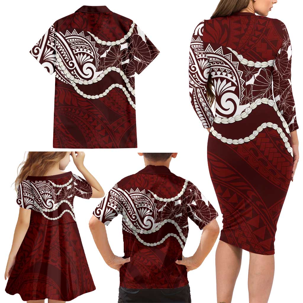Aloha Hawaii Kalo Pikake Lei Family Matching Long Sleeve Bodycon Dress and Hawaiian Shirt Chest Tattoo Oxblood Hawaiian Pattern LT14 - Polynesian Pride