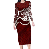 Aloha Hawaii Kalo Pikake Lei Family Matching Long Sleeve Bodycon Dress and Hawaiian Shirt Chest Tattoo Oxblood Hawaiian Pattern LT14 Mom's Dress Oxblood - Polynesian Pride