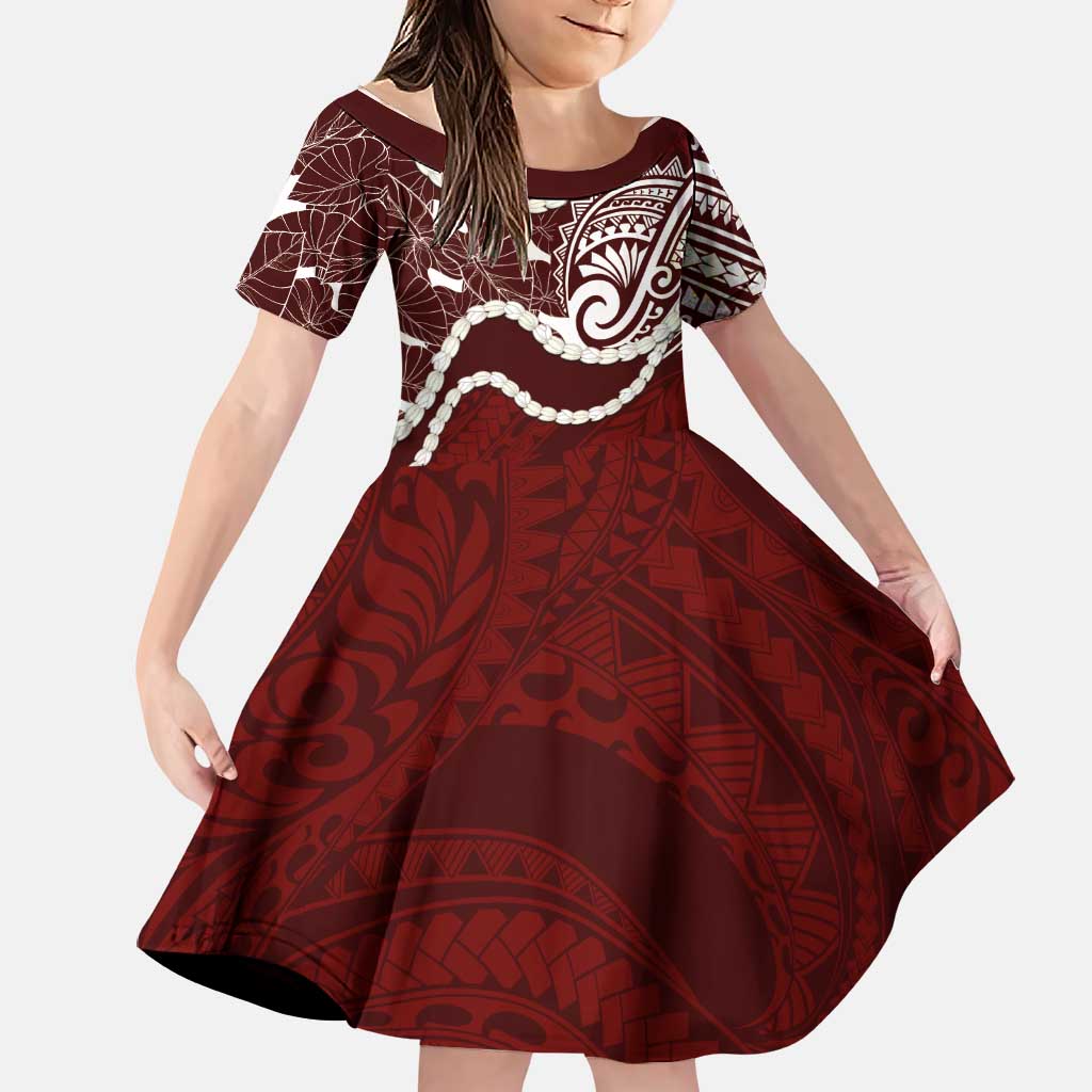 Aloha Hawaii Kalo Pikake Lei Family Matching Mermaid Dress and Hawaiian Shirt Chest Tattoo Oxblood Hawaiian Pattern LT14 Daughter's Dress Oxblood - Polynesian Pride