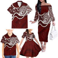 Aloha Hawaii Kalo Pikake Lei Family Matching Off The Shoulder Long Sleeve Dress and Hawaiian Shirt Chest Tattoo Oxblood Hawaiian Pattern LT14 - Polynesian Pride