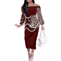 Aloha Hawaii Kalo Pikake Lei Family Matching Off The Shoulder Long Sleeve Dress and Hawaiian Shirt Chest Tattoo Oxblood Hawaiian Pattern LT14 Mom's Dress Oxblood - Polynesian Pride