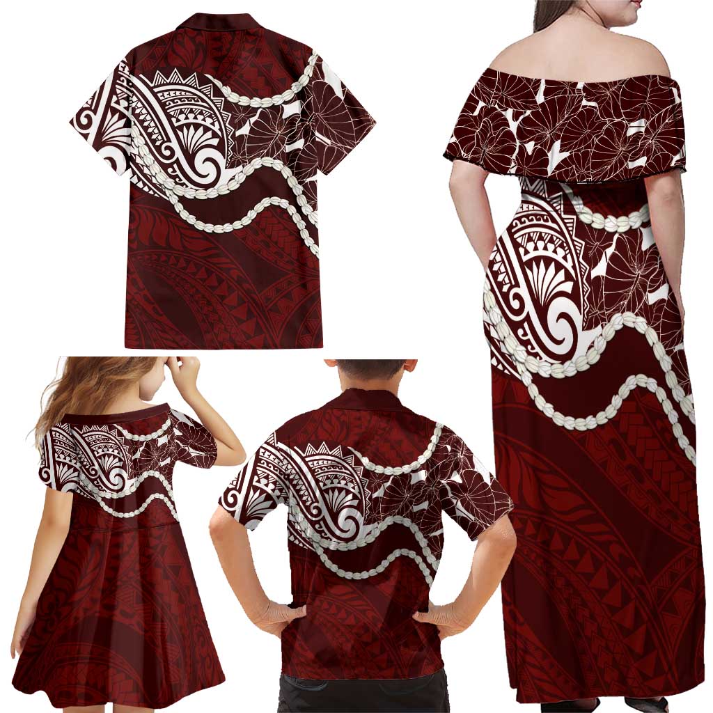 Aloha Hawaii Kalo Pikake Lei Family Matching Off Shoulder Maxi Dress and Hawaiian Shirt Chest Tattoo Oxblood Hawaiian Pattern LT14 - Polynesian Pride