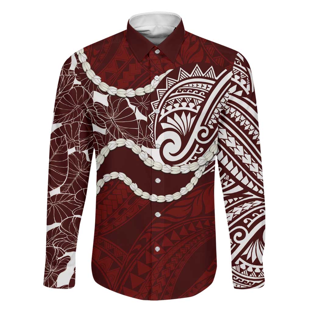 Aloha Hawaii Kalo Pikake Lei Family Matching Off Shoulder Maxi Dress and Hawaiian Shirt Chest Tattoo Oxblood Hawaiian Pattern LT14 Dad's Shirt - Long Sleeve Oxblood - Polynesian Pride