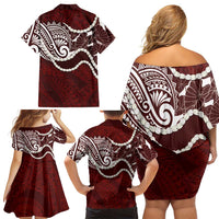 Aloha Hawaii Kalo Pikake Lei Family Matching Off Shoulder Short Dress and Hawaiian Shirt Chest Tattoo Oxblood Hawaiian Pattern LT14 - Polynesian Pride