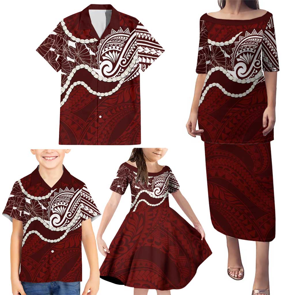 Aloha Hawaii Kalo Pikake Lei Family Matching Puletasi and Hawaiian Shirt Chest Tattoo Oxblood Hawaiian Pattern
