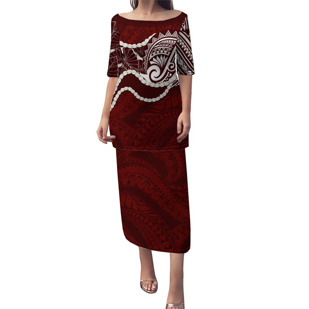 Aloha Hawaii Kalo Pikake Lei Family Matching Puletasi and Hawaiian Shirt Chest Tattoo Oxblood Hawaiian Pattern LT14 Mom's Dress Oxblood - Polynesian Pride