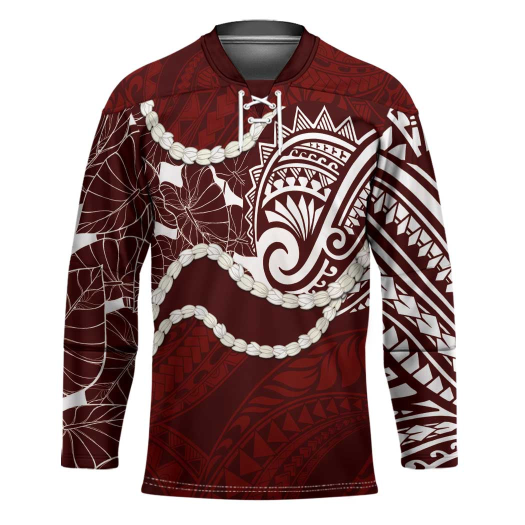 Aloha Hawaii Kalo Pikake Lei Hockey Jersey Chest Tattoo Oxblood Hawaiian Pattern