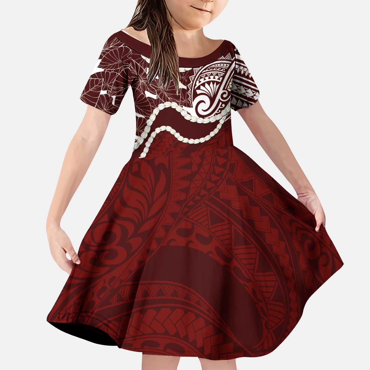 Aloha Hawaii Kalo Pikake Lei Kid Short Sleeve Dress Chest Tattoo Oxblood Hawaiian Pattern