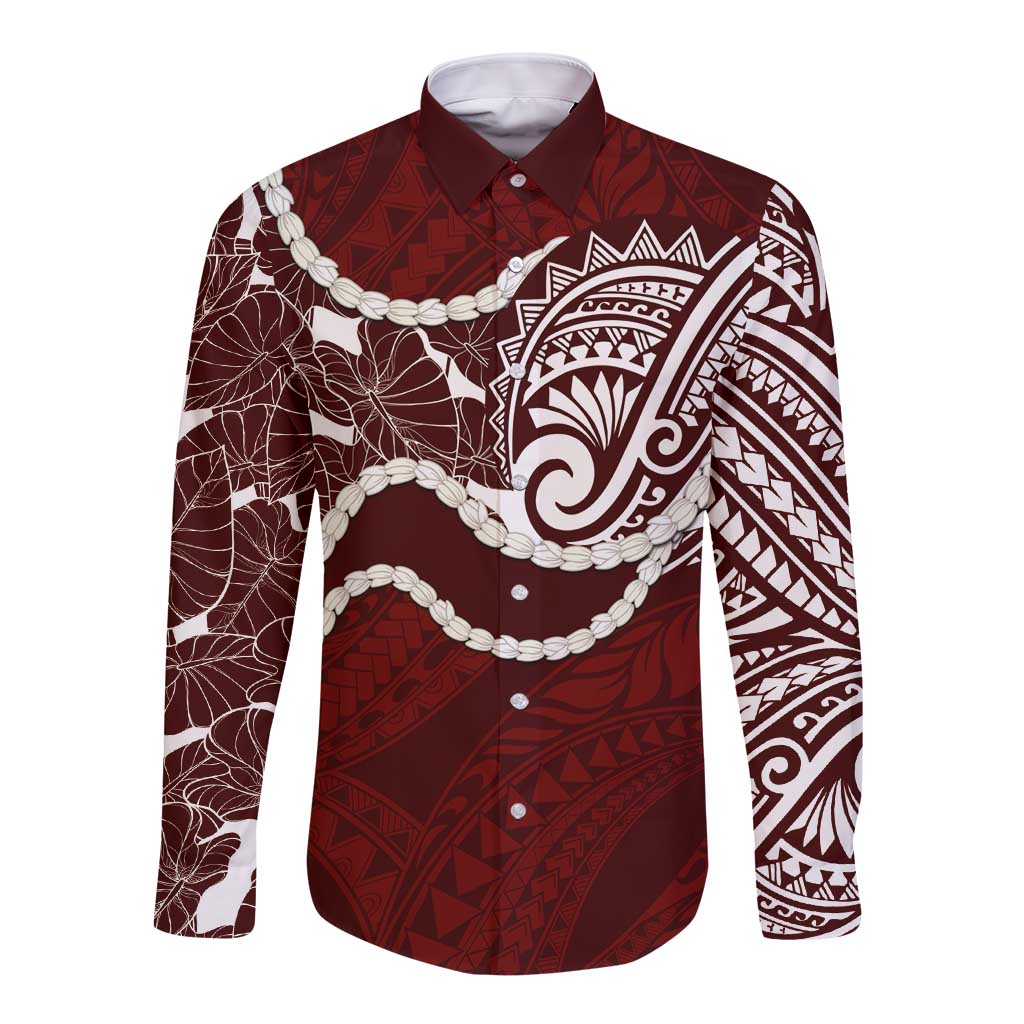 Aloha Hawaii Kalo Pikake Lei Long Sleeve Button Shirt Chest Tattoo Oxblood Hawaiian Pattern