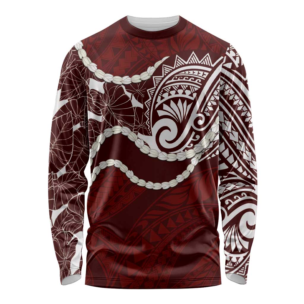 Aloha Hawaii Kalo Pikake Lei Long Sleeve Shirt Chest Tattoo Oxblood Hawaiian Pattern