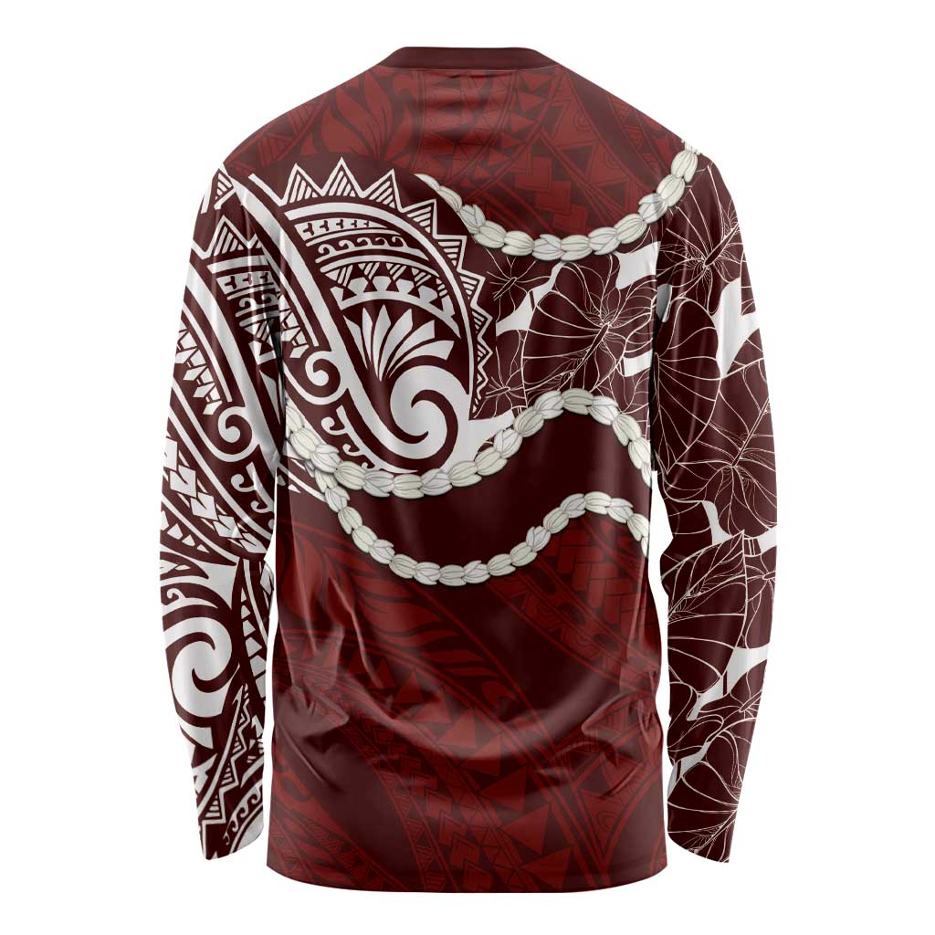 Aloha Hawaii Kalo Pikake Lei Long Sleeve Shirt Chest Tattoo Oxblood Hawaiian Pattern