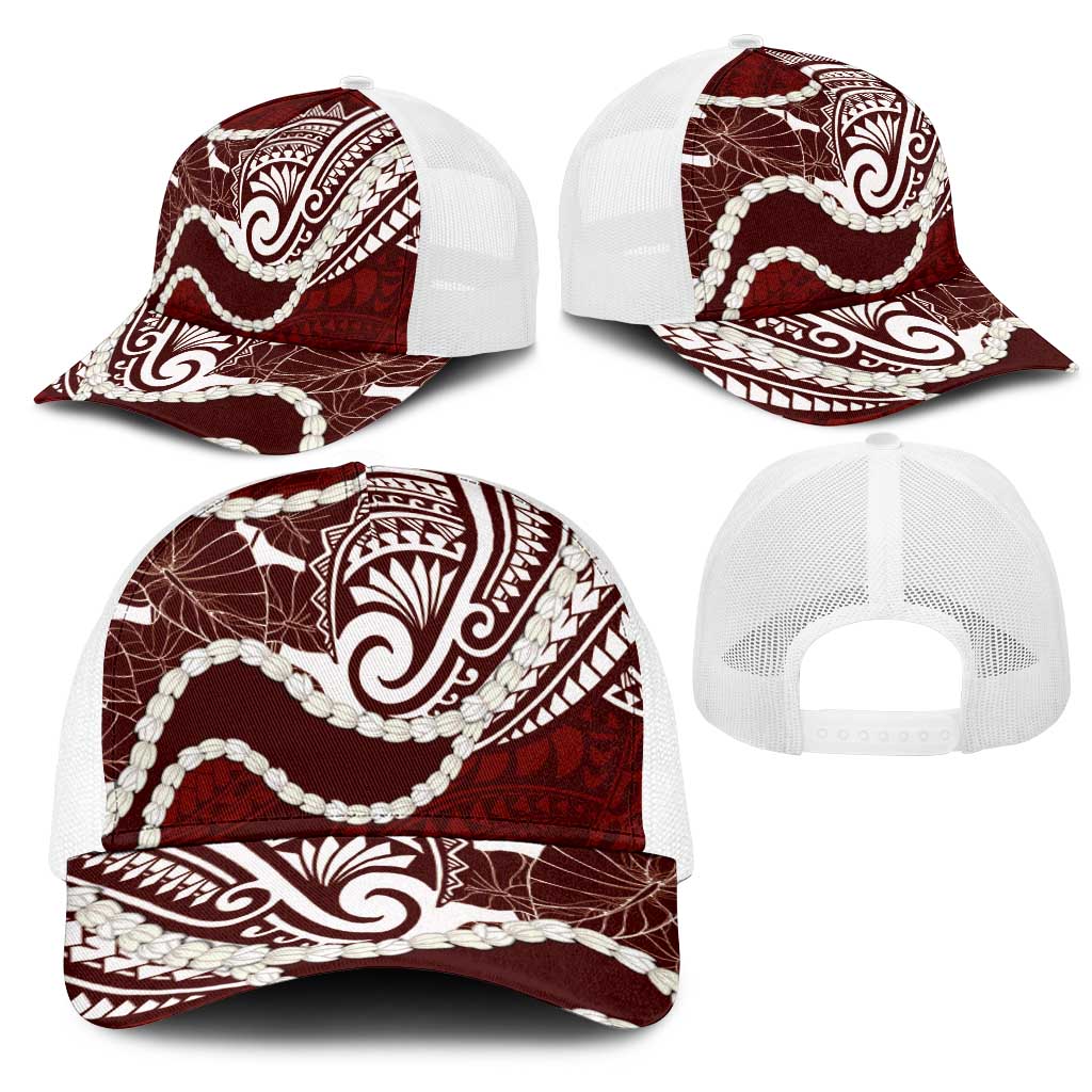 Aloha Hawaii Kalo Pikake Lei Mesh Trucker Cap Chest Tattoo Oxblood Hawaiian Pattern