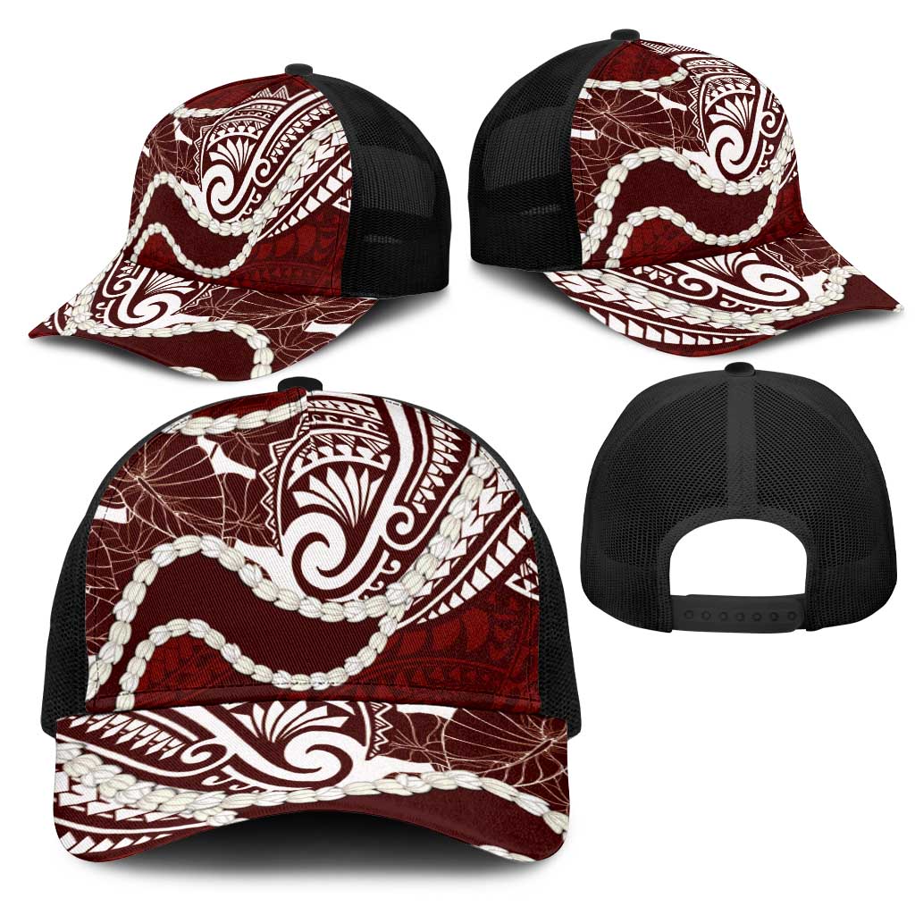Aloha Hawaii Kalo Pikake Lei Mesh Trucker Cap Chest Tattoo Oxblood Hawaiian Pattern