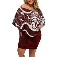 Aloha Hawaii Kalo Pikake Lei Off Shoulder Short Dress Chest Tattoo Oxblood Hawaiian Pattern