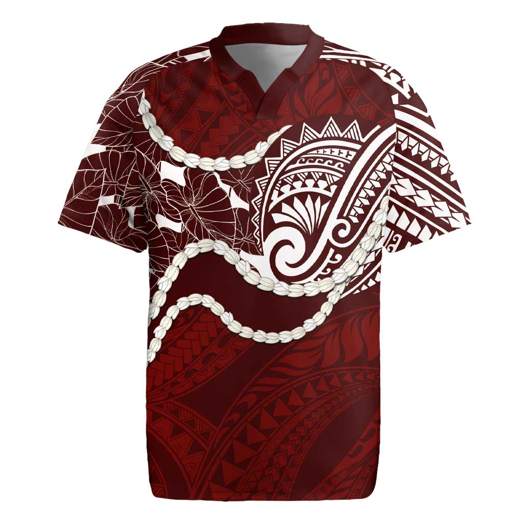 Aloha Hawaii Kalo Pikake Lei Rugby Jersey Chest Tattoo Oxblood Hawaiian Pattern