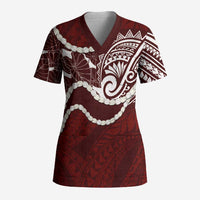 Aloha Hawaii Kalo Pikake Lei Scrub Top Chest Tattoo Oxblood Hawaiian Pattern