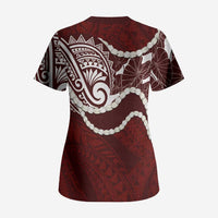 Aloha Hawaii Kalo Pikake Lei Scrub Top Chest Tattoo Oxblood Hawaiian Pattern