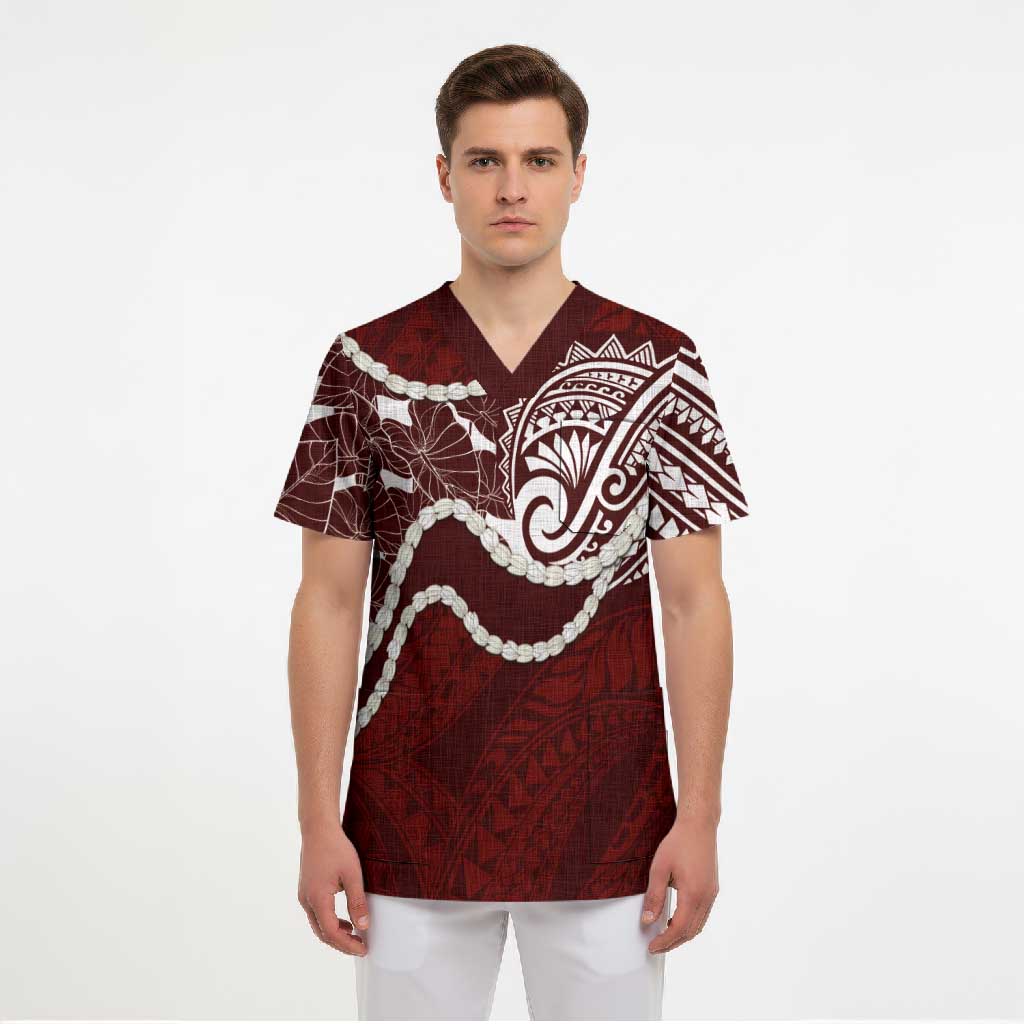 Aloha Hawaii Kalo Pikake Lei Scrub Top Chest Tattoo Oxblood Hawaiian Pattern