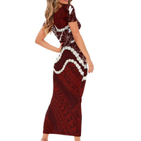 Aloha Hawaii Kalo Pikake Lei Short Sleeve Bodycon Dress Chest Tattoo Oxblood Hawaiian Pattern