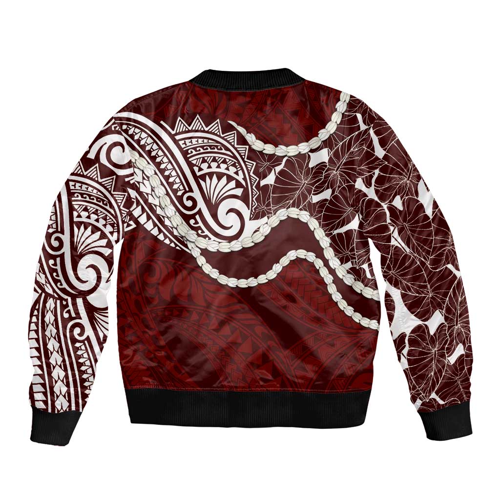 Aloha Hawaii Kalo Pikake Lei Sleeve Zip Bomber Jacket Chest Tattoo Oxblood Hawaiian Pattern