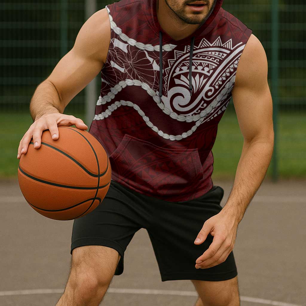 Aloha Hawaii Kalo Pikake Lei Sleeveless Hoodie Chest Tattoo Oxblood Hawaiian Pattern