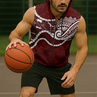 Aloha Hawaii Kalo Pikake Lei Sleeveless Zip Hoodie Chest Tattoo Oxblood Hawaiian Pattern