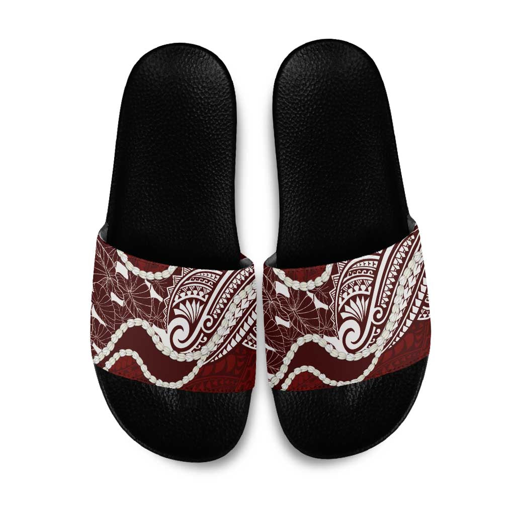 Aloha Hawaii Kalo Pikake Lei Slide Sandals Chest Tattoo Oxblood Hawaiian Pattern