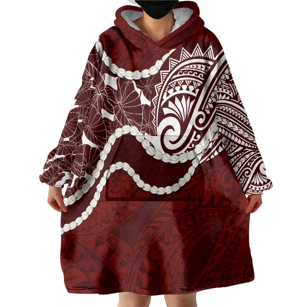 Aloha Hawaii Kalo Pikake Lei Wearable Blanket Hoodie Chest Tattoo Oxblood Hawaiian Pattern