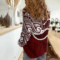 Aloha Hawaii Kalo Pikake Lei Women Casual Shirt Chest Tattoo Oxblood Hawaiian Pattern