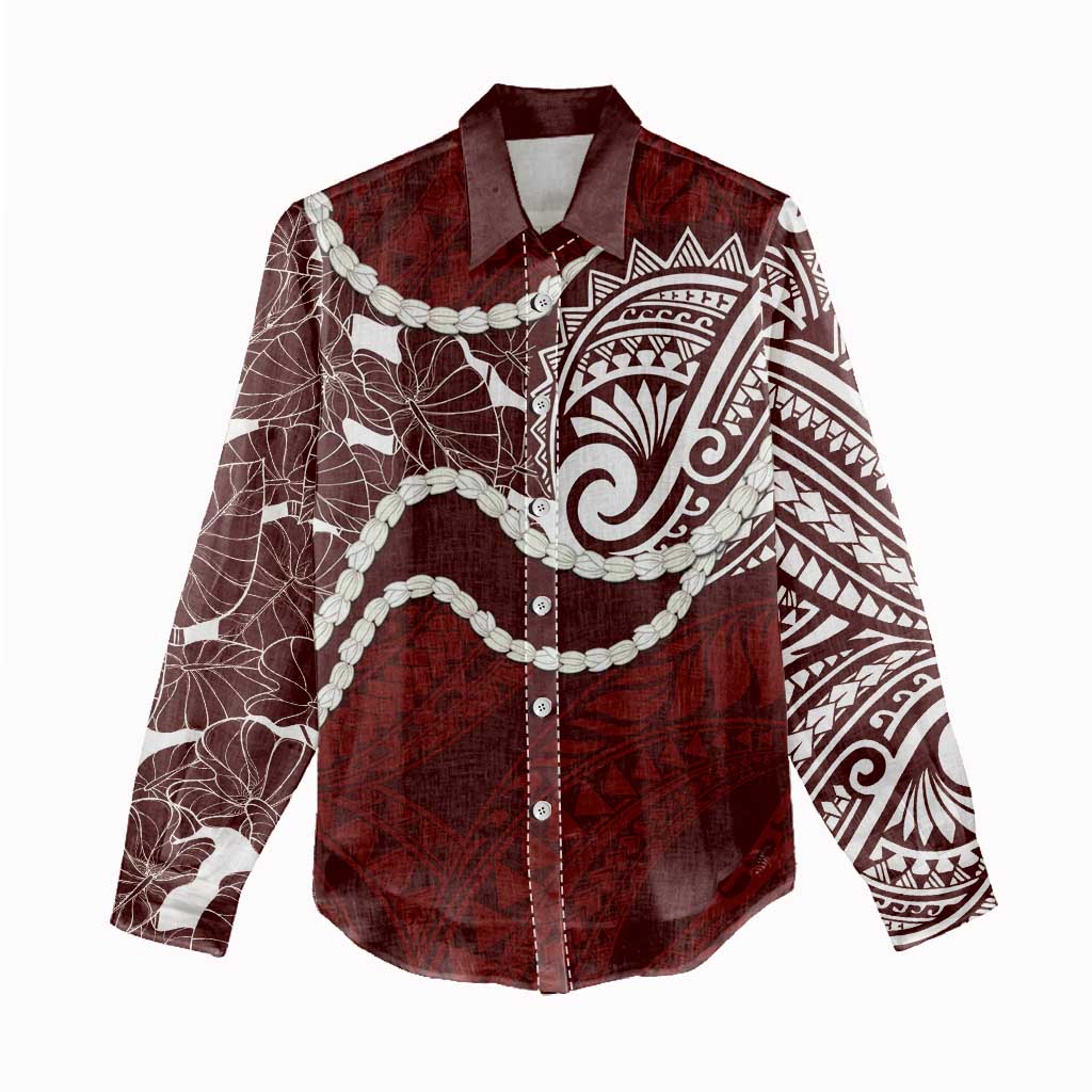 Aloha Hawaii Kalo Pikake Lei Women Casual Shirt Chest Tattoo Oxblood Hawaiian Pattern