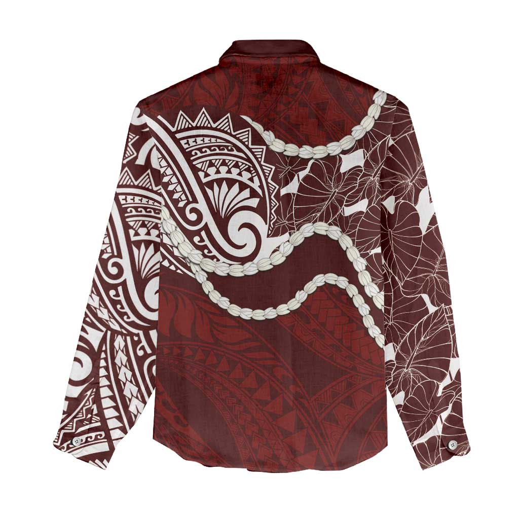 Aloha Hawaii Kalo Pikake Lei Women Casual Shirt Chest Tattoo Oxblood Hawaiian Pattern