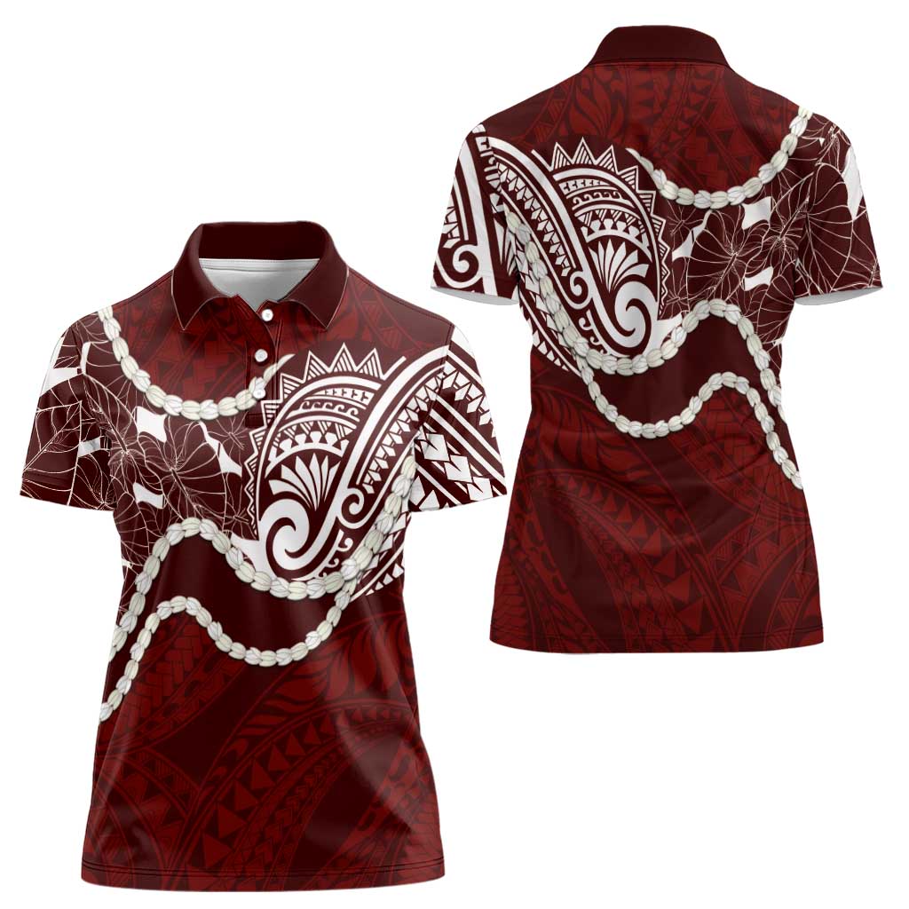 Aloha Hawaii Kalo Pikake Lei Women Polo Shirt Chest Tattoo Oxblood Hawaiian Pattern