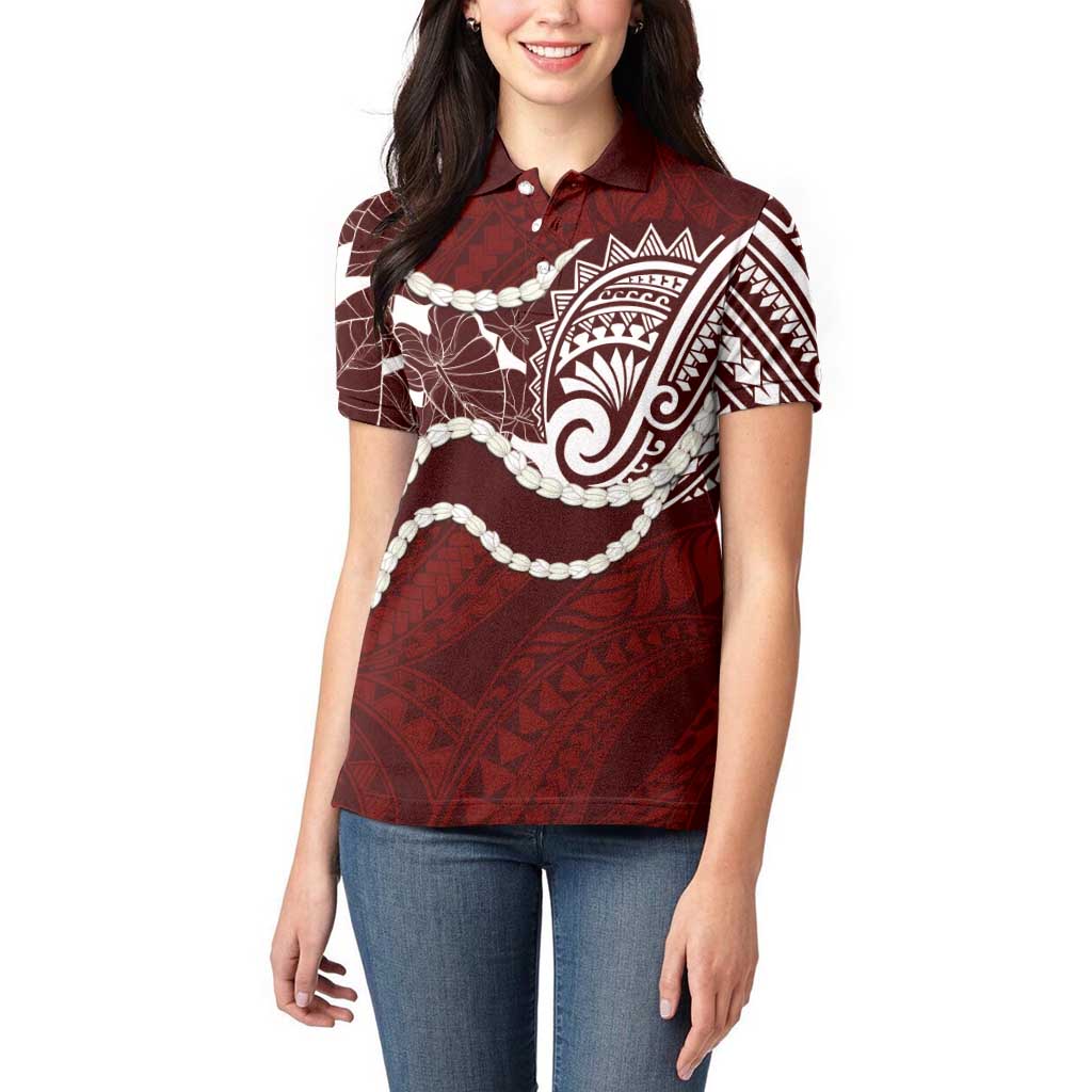 Aloha Hawaii Kalo Pikake Lei Women Polo Shirt Chest Tattoo Oxblood Hawaiian Pattern