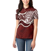 Aloha Hawaii Kalo Pikake Lei Women Polo Shirt Chest Tattoo Oxblood Hawaiian Pattern