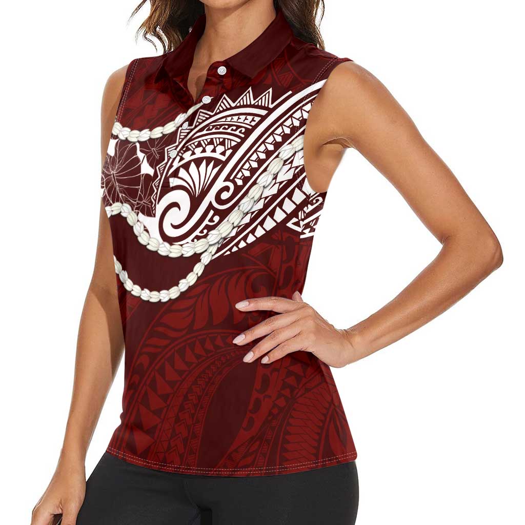 Aloha Hawaii Kalo Pikake Lei Women Sleeveless Polo Shirt Chest Tattoo Oxblood Hawaiian Pattern LT14 - Polynesian Pride