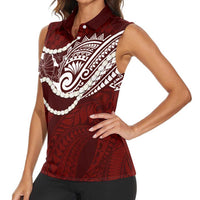 Aloha Hawaii Kalo Pikake Lei Women Sleeveless Polo Shirt Chest Tattoo Oxblood Hawaiian Pattern LT14 - Polynesian Pride