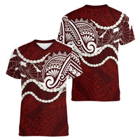 Aloha Hawaii Kalo Pikake Lei Women V-Neck T-Shirt Chest Tattoo Oxblood Hawaiian Pattern LT14 - Polynesian Pride