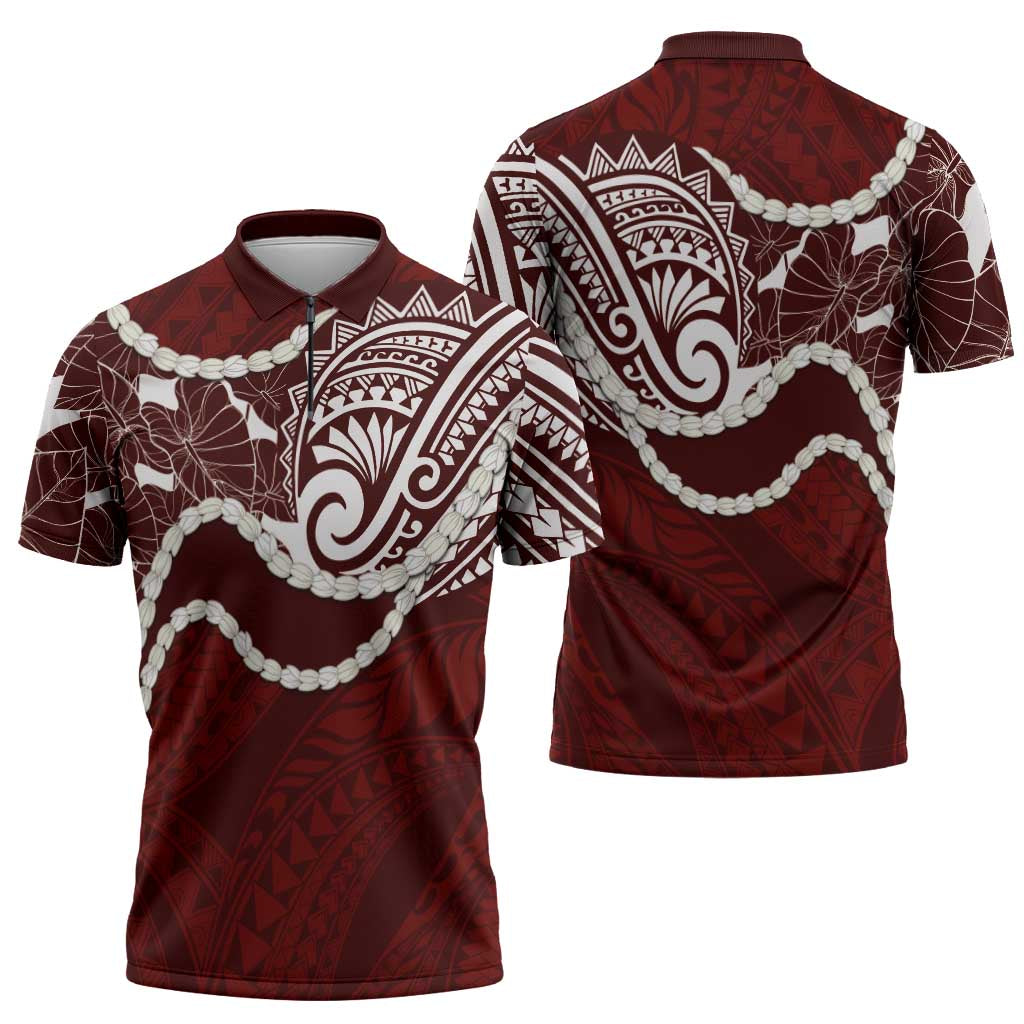 Aloha Hawaii Kalo Pikake Lei Zipper Polo Shirt Chest Tattoo Oxblood Hawaiian Pattern