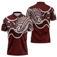 Aloha Hawaii Kalo Pikake Lei Zipper Polo Shirt Chest Tattoo Oxblood Hawaiian Pattern