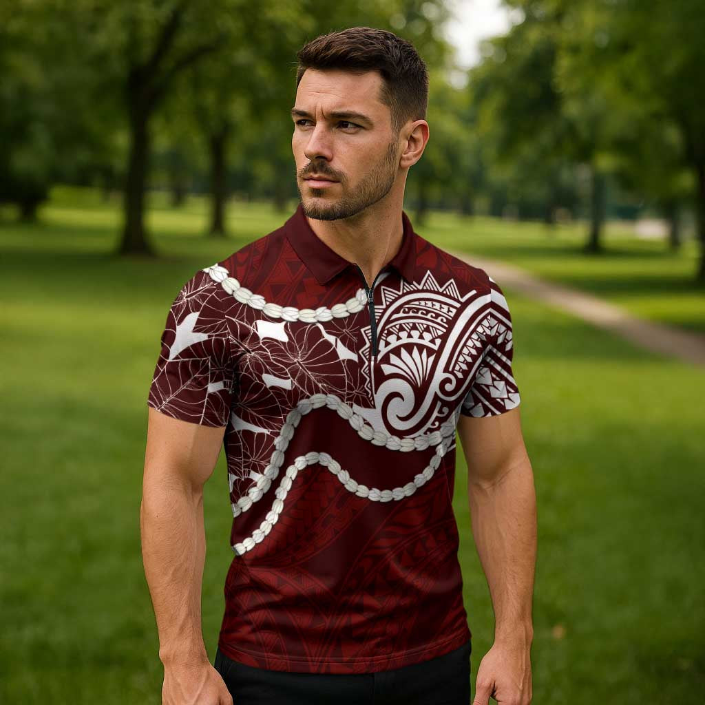 Aloha Hawaii Kalo Pikake Lei Zipper Polo Shirt Chest Tattoo Oxblood Hawaiian Pattern