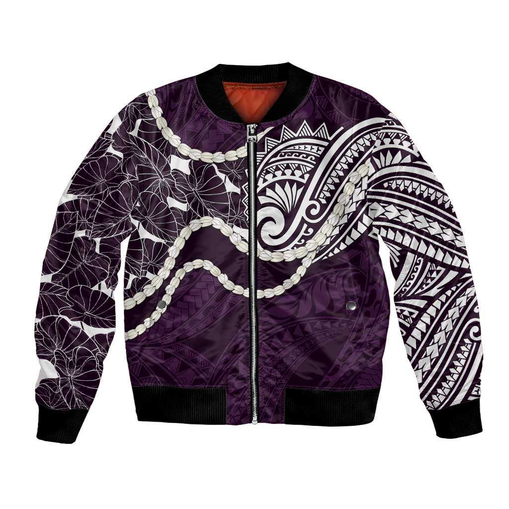 Aloha Hawaii Kalo Pikake Lei Bomber Jacket Chest Tattoo Purple Hawaiian Pattern