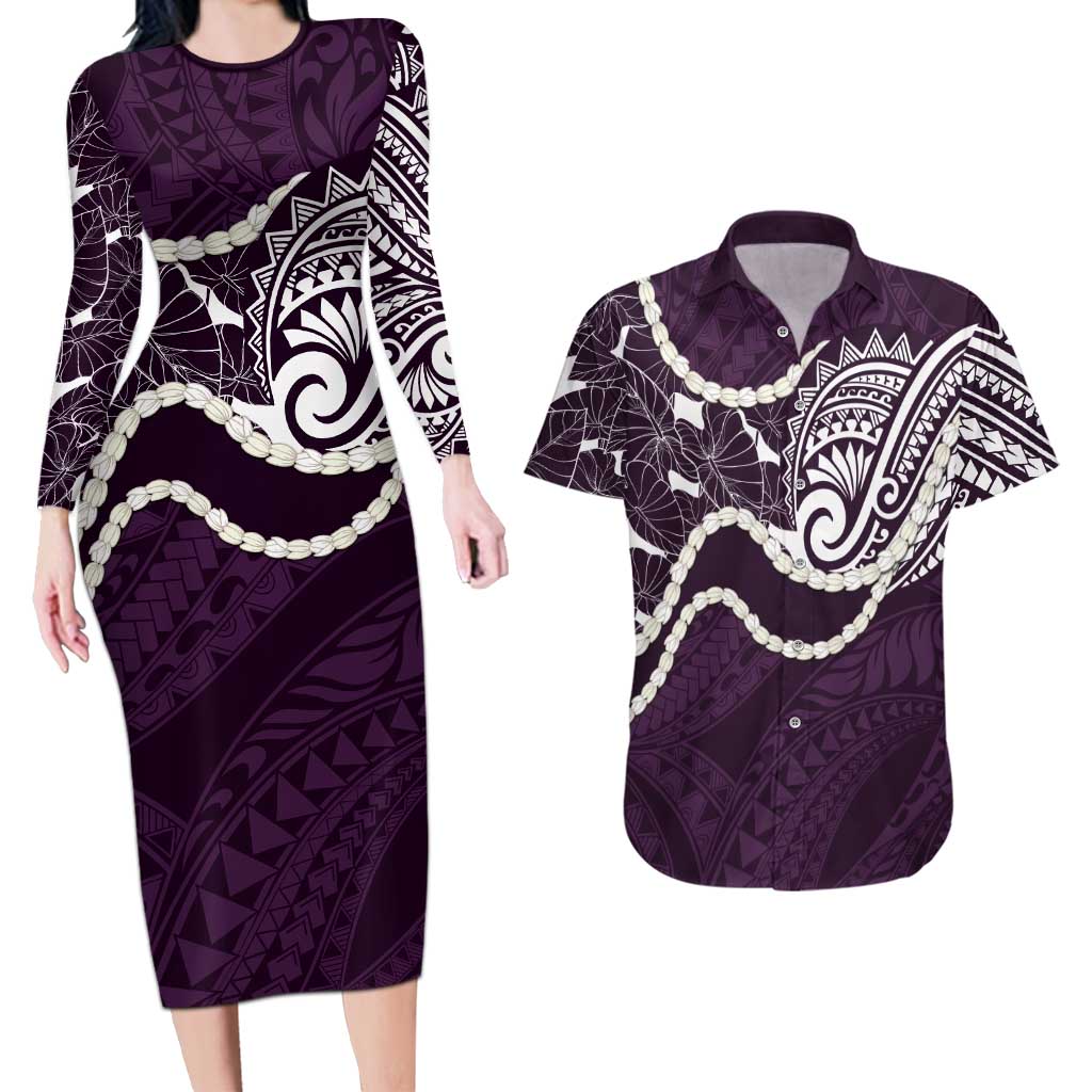 Aloha Hawaii Kalo Pikake Lei Couples Matching Long Sleeve Bodycon Dress and Hawaiian Shirt Chest Tattoo Purple Hawaiian Pattern LT14 Purple - Polynesian Pride