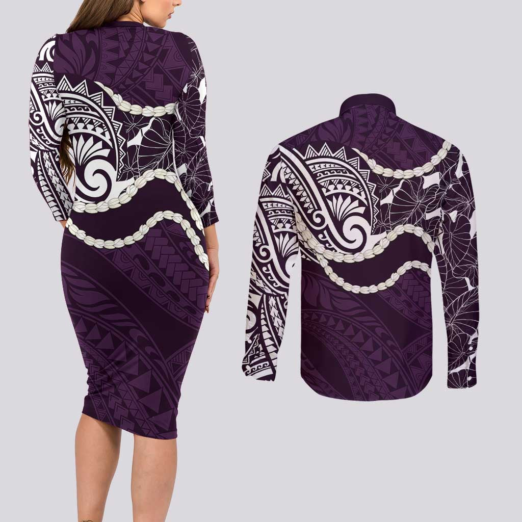 Aloha Hawaii Kalo Pikake Lei Couples Matching Long Sleeve Bodycon Dress and Long Sleeve Button Shirt Chest Tattoo Purple Hawaiian Pattern LT14 - Polynesian Pride