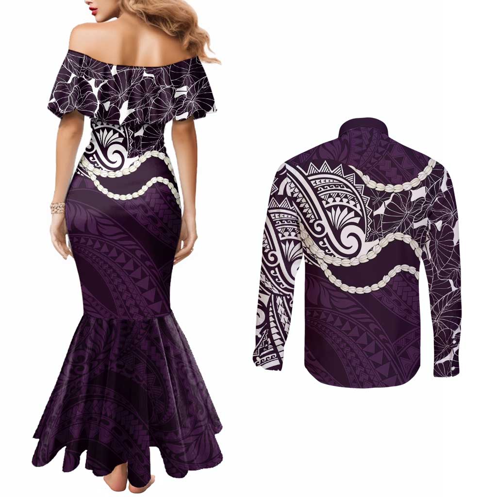 Aloha Hawaii Kalo Pikake Lei Couples Matching Mermaid Dress and Long Sleeve Button Shirt Chest Tattoo Purple Hawaiian Pattern LT14 - Polynesian Pride