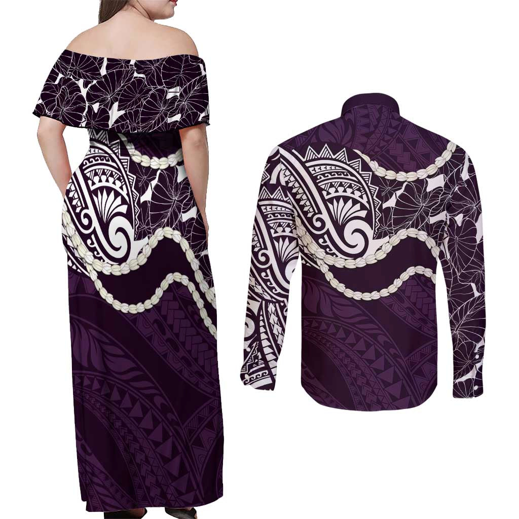 Aloha Hawaii Kalo Pikake Lei Couples Matching Off Shoulder Maxi Dress and Long Sleeve Button Shirt Chest Tattoo Purple Hawaiian Pattern