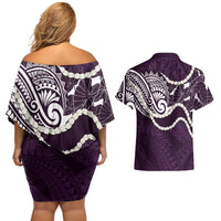 Aloha Hawaii Kalo Pikake Lei Couples Matching Off Shoulder Short Dress and Hawaiian Shirt Chest Tattoo Purple Hawaiian Pattern LT14 - Polynesian Pride