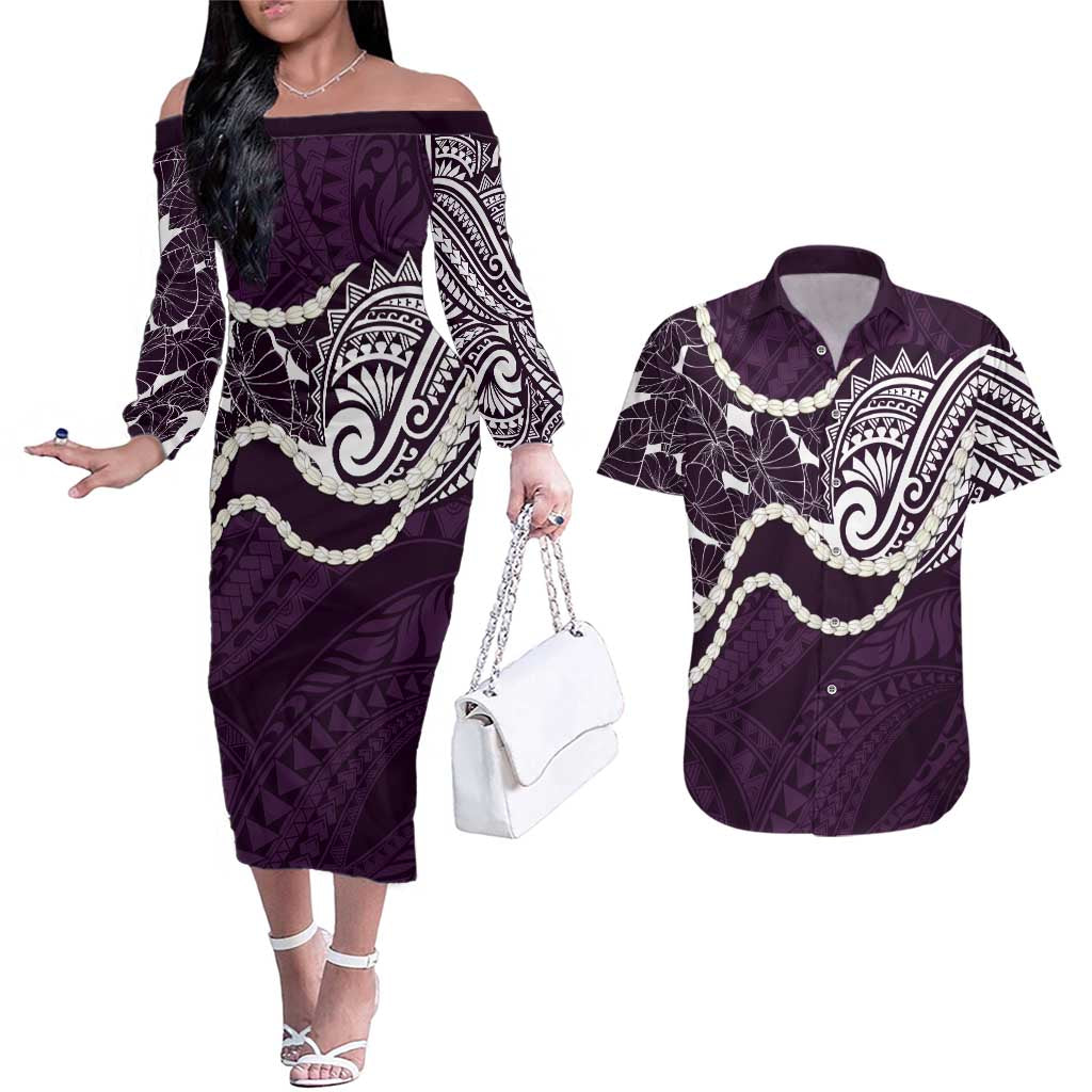 Aloha Hawaii Kalo Pikake Lei Couples Matching Off The Shoulder Long Sleeve Dress and Hawaiian Shirt Chest Tattoo Purple Hawaiian Pattern LT14 Purple - Polynesian Pride